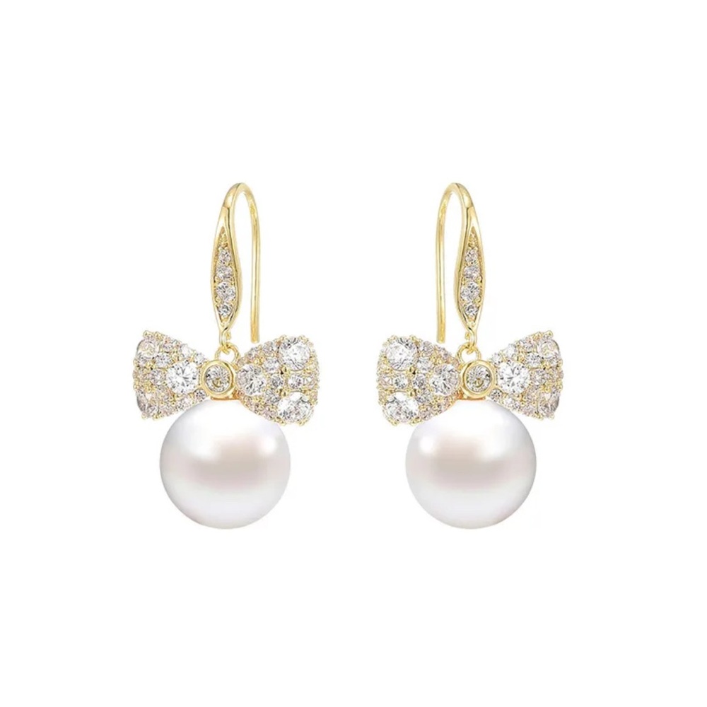 Pendants Water Drop Pearls and Silver Bow Rhinestones Earring’s Luxury Jewelry
